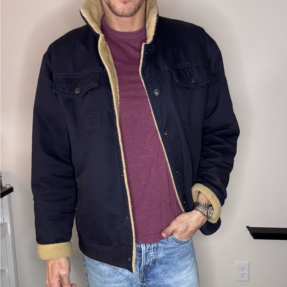 Men's Dark Blue Cropped Jacket with Tan Wool Lining